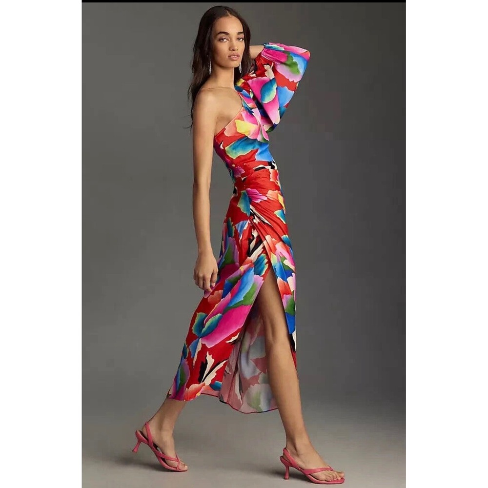 Farm Rio One Shoulder Dress Anthropologie Abstract Floral Midi Slit Size Small - Picture 2 of 14